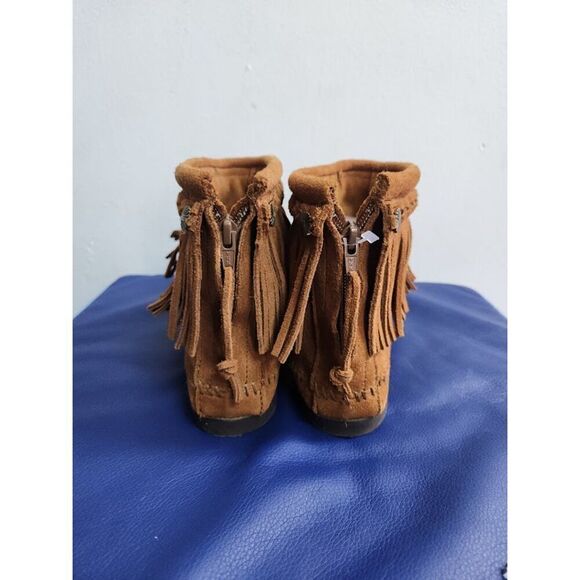 Minnetonka Women Tan Brown Suede Leather High Top Fringe Back Zipper Boots sz 9 - Picture 6 of 9
